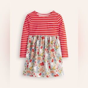 MiniBoden Long Sleeve Hotchpotch Jersey Dress in Strawberry Red Pony Floral 6/7